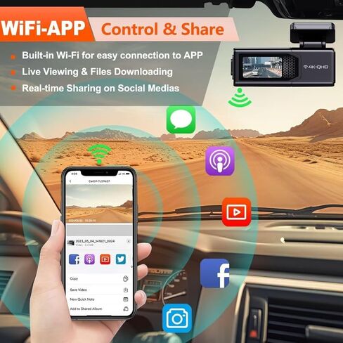Dash Cam Front and Rear Wireless, Dual Lens 2K + 1080P Dashboard Camera for Car Truck, WiFi Mini Dashcam with 64gb TF Card, Super Night Vision,App Control,Loop Recording,24 Hours Parking Monitor in Saudi Arabia