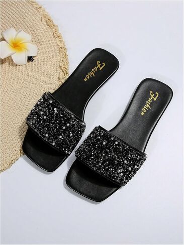 GORGLITTER Women's Glitter Rhinestone Pearls Decor Flat Sandals Square Open Toe Single Band Slide Shoes in Saudi Arabia