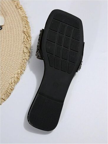 GORGLITTER Women's Glitter Rhinestone Pearls Decor Flat Sandals Square Open Toe Single Band Slide Shoes in Saudi Arabia