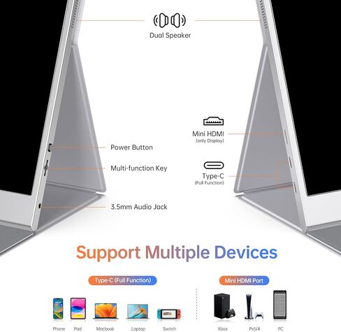 شاشة محمولة مقاس 15.6 بوصة، شاشة خارجية 1080P USB-C HDMI ثانية لأجهزة الكمبيوتر المحمول، الكمبيوتر الشخصي، هاتف Mac، PS، Xbox، Swich، شاشة ألعاب IPS رفيعة للغاية بدون إطار / غطاء ذكي ممتاز in Saudi Arabia