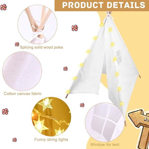 6 عبوات من خيمة تيبي للأطفال مع سلسلة أضواء بطول 10 أقدام، خيمة تيبي للعب في الأماكن المغلقة والمفتوحة للفتيات والفتيان، خيام قابلة للطي لحفلات أعياد الميلاد وحفلات النوم وحفلات بيجامة (أبيض) in Kuwait