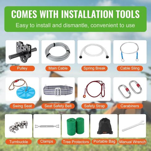 VEVOR Zipline Kit for Kids and Adult, 120 ft Zip Line Kits Up to 500 lb, Backyard Outdoor Quick Setup Zipline, Playground Entertainment with Stainless Steel Zipline, Spring Brake, Safety Harness, Seat in Saudi Arabia