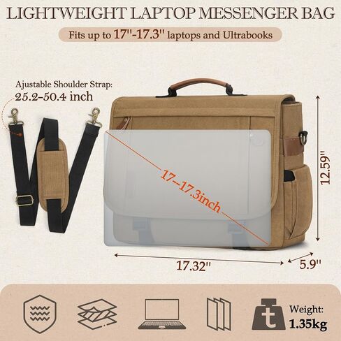 RAINSMORE Messenger Bag for Men 17-17.3 Inch Laptop Bag Water-resistant Canvas Computer Shoulder Bag Office Work Briefcase Large Casual Satchel Bags for Men Bookbag for College, Black in Kuwait