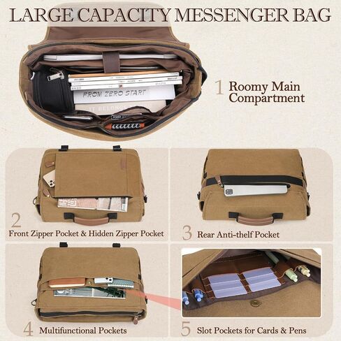 RAINSMORE Messenger Bag for Men 17-17.3 Inch Laptop Bag Water-resistant Canvas Computer Shoulder Bag Office Work Briefcase Large Casual Satchel Bags for Men Bookbag for College, Black in Kuwait