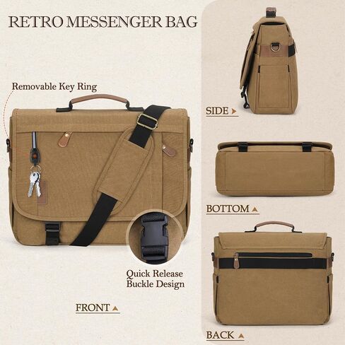 RAINSMORE Messenger Bag for Men 17-17.3 Inch Laptop Bag Water-resistant Canvas Computer Shoulder Bag Office Work Briefcase Large Casual Satchel Bags for Men Bookbag for College, Black in Kuwait