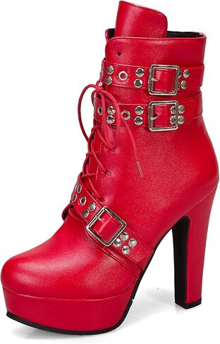 Bellirala Women's Studded Buckled Combat Boots Chunky Platform Ankle Booties Goth Punk Lace Up Knight Biker Boots Zipper High Heels in Kuwait