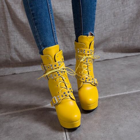 Bellirala Women's Studded Buckled Combat Boots Chunky Platform Ankle Booties Goth Punk Lace Up Knight Biker Boots Zipper High Heels in Kuwait