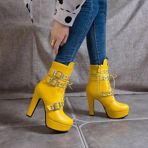 Bellirala Women's Studded Buckled Combat Boots Chunky Platform Ankle Booties Goth Punk Lace Up Knight Biker Boots Zipper High Heels in Kuwait