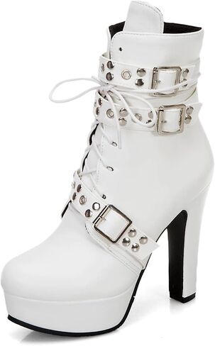 Bellirala Women's Studded Buckled Combat Boots Chunky Platform Ankle Booties Goth Punk Lace Up Knight Biker Boots Zipper High Heels in Kuwait