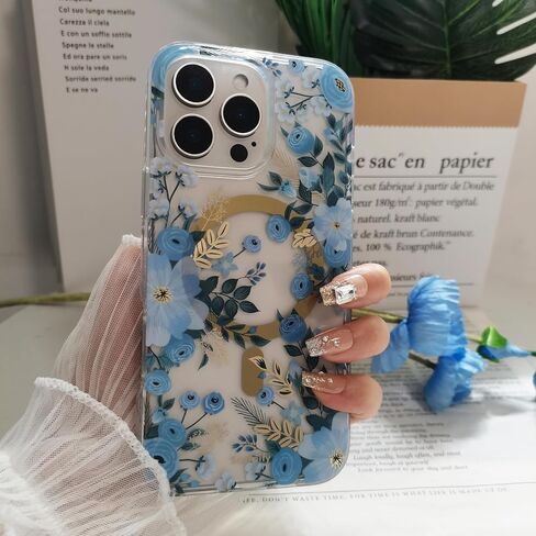 حافظة لهاتف iPhone 16 Pro Max [متوافقة مع MagSafe] بتصميم زهور Nemophila الزرقاء، غطاء هاتف مغناطيسي لطيف على شكل زهرة شفافة للنساء والفتيات، [غير أصفر] ممتص للصدمات رفيع مع لمسات ذهبية in Saudi Arabia