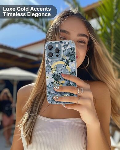 حافظة لهاتف iPhone 16 Pro Max [متوافقة مع MagSafe] بتصميم زهور Nemophila الزرقاء، غطاء هاتف مغناطيسي لطيف على شكل زهرة شفافة للنساء والفتيات، [غير أصفر] ممتص للصدمات رفيع مع لمسات ذهبية in Saudi Arabia