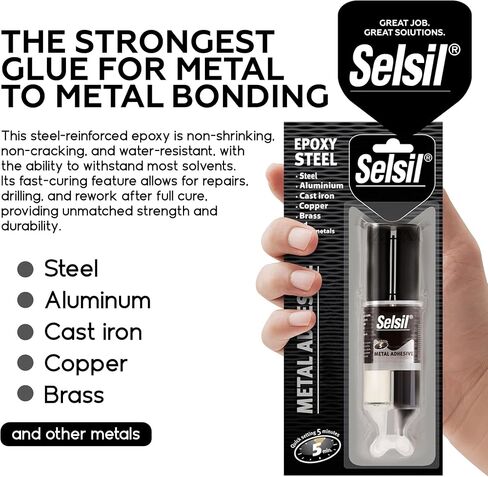SELSIL Quick Epoxy Metal Adhesive Syringe, Strongest Glue for Metal to Metal Bonding, 5-Minute Curing Heavy Duty Epoxy Glue, Solvent-Resistant, Reinforced with Steel, Grey, 1 oz (28 g) Pack of 1 in Saudi Arabia
