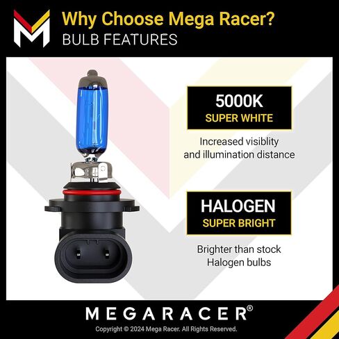 Mega Racer H11 Halogen Headlight Bulbs - 5000K Super White, 12V 100W, Xenon, PGJ19-2 Base, Automotive Bulb Replacement, IP68 Waterproof Rating, Pack of 2 in Saudi Arabia