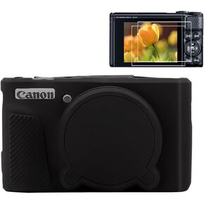 Pocoukate Case for Canon PowerShot SX740 HS Camera, Soft Silicone Protective Cover Skin with Removable Lens Cover for SX740/SX730 HS Accessories Rubber with Tempered Glass Screen Protector - Black