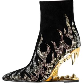 Rhinestone Sparkling Ankle Boots for Women Flame Shark Teeth Heel Booties Tiger Tooth High Heeled Glitter Boots
