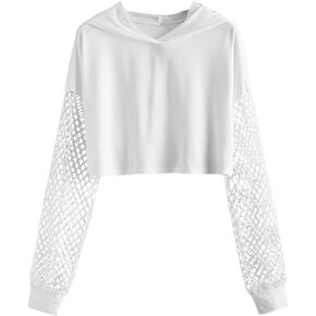 Verdusa Women's Fishnet Crop Hoodie Drop Shoulder Long Sleeve Sweatshirt Pullover