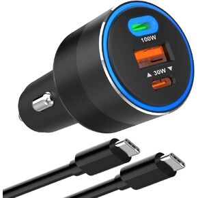 160W Car Charger with 100W E-Mark Cable - Multiport (2 USB-C & 1 USB-A) Super Fast Charging, Compatible with iPhone 15/14/13/12, Samsung S24/S23/S22, iPad, MacBook, Windows Laptops & More