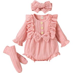 Emmababy Baby Girl Romper and Socks Set Solid Ribbed Bodysuit Button Long Sleeve Jumpsuit Headbands Infant 3Pcs Fall Clothes