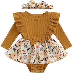 Gueuusu Baby Girl Halloween Outfit Newborn Pumpkin Romper Dress Infant Ruffle Long Sleeve Ribbed Bodysuit Fall Clothes Set