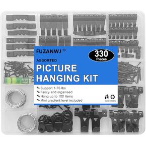 FUZANWJ 330pcs Picture Hangers, Picture Hanging Kit, Picture Hanging Hooks Holds 10-75lbs,with Hanging Wire, Ring Hooks, D Rings, Sawtooth Hangers for Picture Frame, Canvas, Mirror Hanging Decoration
