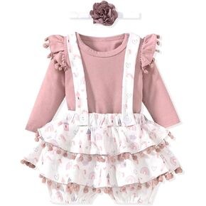 Unutiylo Baby Girl Clothes Long Sleeve T-shirt Top Suspender Skirt Dress Headband 3PCS Cute Outfit 0 3 6 9 12 18 24 Months