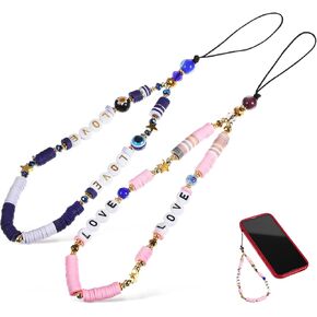Gatuida Phone Charm, 2PCS Phone Charms Beaded Phone Chain Rainbow Clay Beads Mobile Phone Lanyard String Keychain Evil Eye Love Flower Wrist Strap Bead Phone Chains Accessories