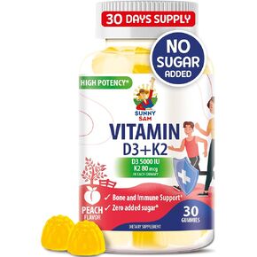 Vitamin D3 K2 Gummies 5000 IU - 30 - Immune & Bone Support - Sugar-Free Vitamin D Gummy Supplement - High-Absorption, Vegan, Gluten-Free Chewables for Adults and Kids