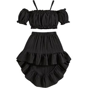Floerns Toddler Girls 2 Piece Outfit Cold Shoulder Crop Blouse Top and Ruffle Hem Short Skirt Set