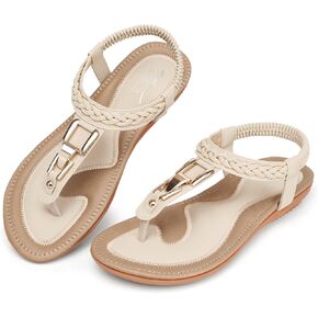 SHIBEVER Womens Sandals Dressy Summer: Sandal Women Comfortable Walking Flat Bohemian T-Strap Ladies Casual Comfy Sandals