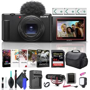 Sony ZV-1 II Vlog Camera for Content Creators and Vloggers Black ZV-1M2/B, Pro Mic, 64GB Card, Corel Photo Software, 2 x NP-BX1 Battery, Card Reader, LED Light, Soft Bag, Charger, and More