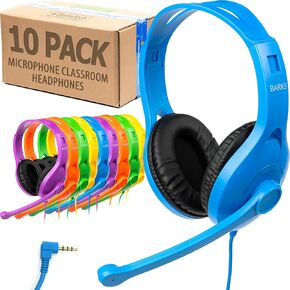 Barks Classroom Headphones with Microphone (10 Pack, Mixed Colors) - Superior On-Ear Bulk Headphones for School: Best for Students K-12 Classrooms (Rotating Boom Mic, Good Recording Quality)