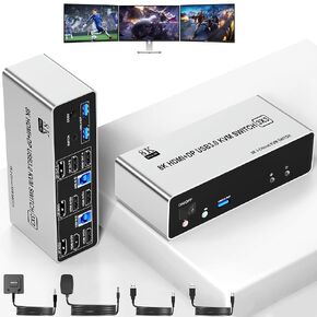 2 HDMI + 1 Displayport KVM Switch for 2 Computers Share 3 Monitor, 8K@60Hz Triple Monitor USB 3.0 Extended Display KVM Switcher Hub with Audio and 3 USB Ports Sharing Keyboard Mouse Printer