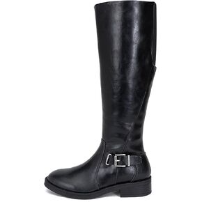 Soda “NECTAR" ~ Women Round Toe Buckle Belted Strap Top Shaft Elastic Gore Low Heel Knee-High Riding Boot with Side Zipper