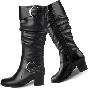 Wide Calf Riding Boots Women Knee High Slouch Round Toe Buckle Victorian Tall Boots Block Mid Heel Knee-High Boots