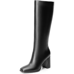 Women's Knee High Boots Chunky Heel Square Toe GoGo Boot With Side Zip Fashion Dress Boots