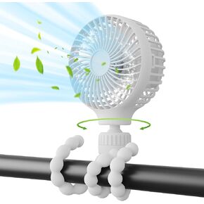 Stroller Fan, Flexible Tripod Clip On Baby Fan, 4 Speeds and Rotatable Mini Portable Fan, USB or Battery Powered, for Car Seats, Crib, Bike, Treadmills, Camping (White)