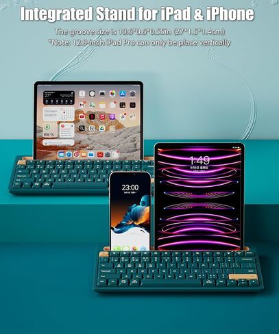 لوحة مفاتيح بلوتوث مع حامل مدمج لأجهزة iPad وiPhone، 79 مفتاحًا صامتًا مدمجًا بنسبة 75%، بطاريتان AAA، نوم تلقائي ذكي، لأجهزة متعددة، كمبيوتر محمول، كمبيوتر لوحي، هاتف ذكي (أخضر داكن) in Kuwait