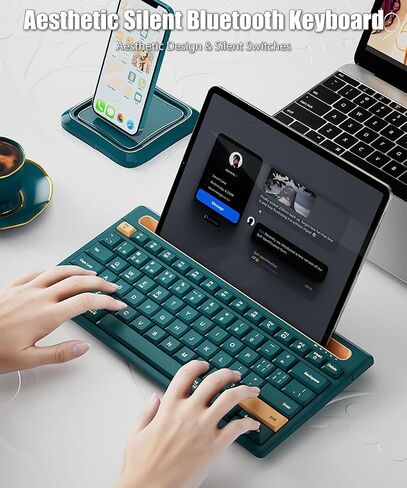 لوحة مفاتيح بلوتوث مع حامل مدمج لأجهزة iPad وiPhone، 79 مفتاحًا صامتًا مدمجًا بنسبة 75%، بطاريتان AAA، نوم تلقائي ذكي، لأجهزة متعددة، كمبيوتر محمول، كمبيوتر لوحي، هاتف ذكي (أخضر داكن) in Kuwait