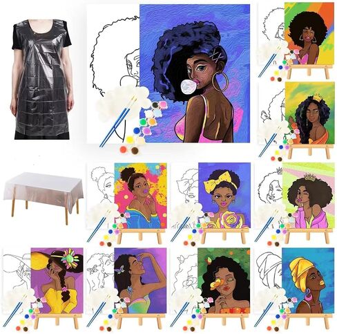 4 Sets Afro Girl Paint and Sip Kit for Adults, Includes Wooden Easel, Pre Drawn Canvas to Paint for Adults, Nylon Brushes, Palette, Regular Acrylic Paints and Apron. in Saudi Arabia