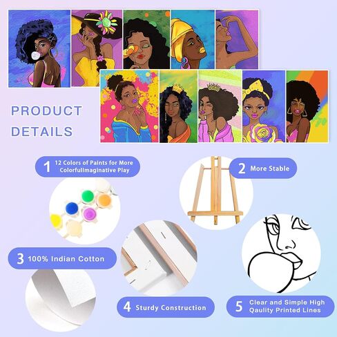 4 Sets Afro Girl Paint and Sip Kit for Adults, Includes Wooden Easel, Pre Drawn Canvas to Paint for Adults, Nylon Brushes, Palette, Regular Acrylic Paints and Apron. in Saudi Arabia