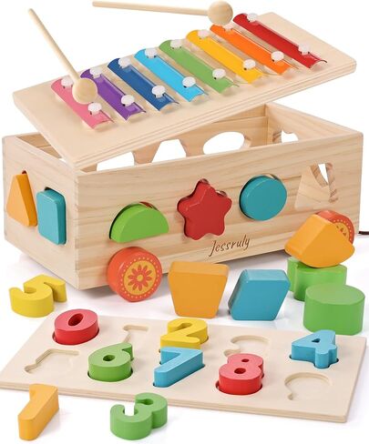 Shape Sorter - Wooden Pound A Ball and Montessori Number Puzzle Set for Babies - Educational Sorting Game with Storage Car for Toddlers in Saudi Arabia
