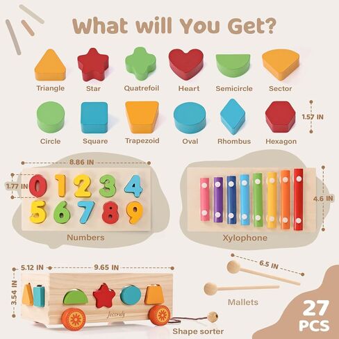Shape Sorter - Wooden Pound A Ball and Montessori Number Puzzle Set for Babies - Educational Sorting Game with Storage Car for Toddlers in Saudi Arabia