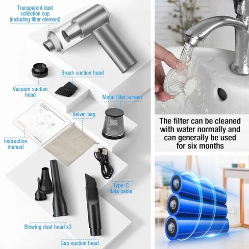 Mini Car Vacuum Cleaner, 16000PA 4 in 1 Rechargeable Brushless Motor Handheld Vacuum Cleaner with LED, Portable Wireless Vacuum Cleaner for Car, Office and Home Cleaning (Silver Grey) in Kuwait