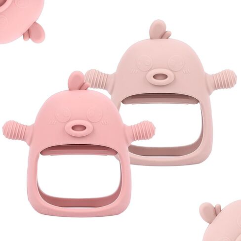 Baby Chew Toys Chew Toys,No Drop Food Grade Silicone Teething Mitten for 3-6 6-12 Months,Teething Relief for Babies (Light Pink & Dark Red) in Saudi Arabia