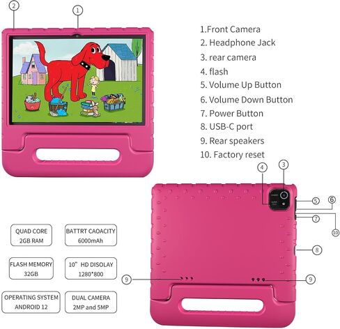 JREN Kids Tablet,10 inch Tablet for Kids,Children,Girls,Boys,10.1 IPS HD Screen,CPU Speed up to 1.8GHz,RAM 2GB and 32GB Storage,Toddler Tablet with Protective case,Color Pink in Saudi Arabia