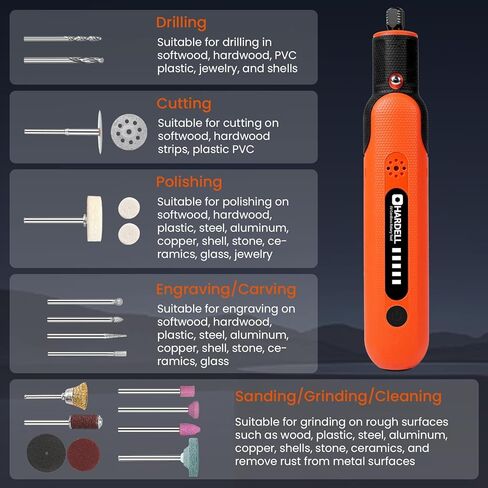 أداة دوارة لاسلكية من هارديل 8 فولت، بطارية قابلة لإعادة الشحن، أداة دوارة كهربائية بـ 5 سرعات، مجموعة أدوات دوارة مع 65 قطعة من الملحقات للحفر والقطع والصنفرة والنحت والتلميع والتنظيف ومشروع الحرف اليدوية in Kuwait