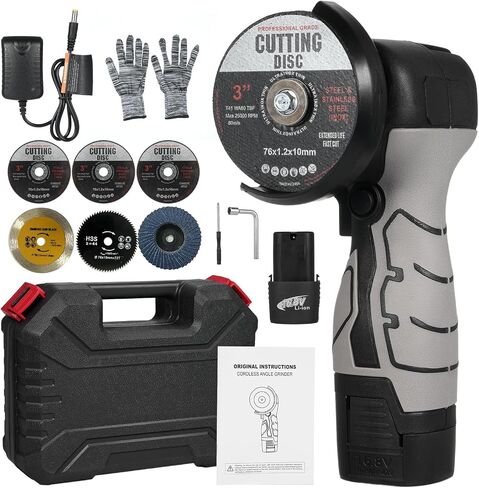 Cordless Brush Angle Grinder Kit, 7000rpm Mini Electric Angle Grinding Tool, 2x16.8V 2000mAh Batteries and 6pcs Discs, Grinder Handheld Cutter for Metal Wood(Grey) in Saudi Arabia