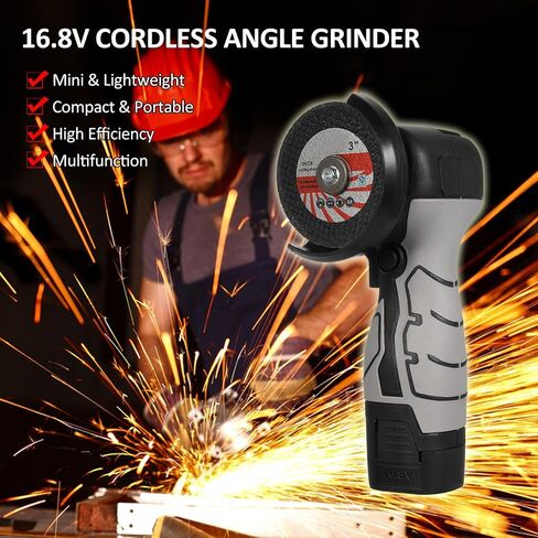Cordless Brush Angle Grinder Kit, 7000rpm Mini Electric Angle Grinding Tool, 2x16.8V 2000mAh Batteries and 6pcs Discs, Grinder Handheld Cutter for Metal Wood(Grey) in Saudi Arabia