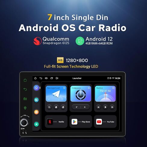 راديو سيارة Joying أحدث 7 بوصة ستيريو سيارة Din واحد Android 12 وحدة رأس 4 جيجابايت + 64 جيجابايت مع بلوتوث 5.0، راديو AM/FM، مخرج HDMI، CarPlay، Android auto، وصلة مرآة، مقبض مستوى الصوت (JY-UZS03N4-B) in Kuwait