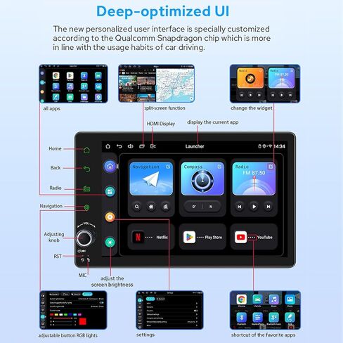 راديو سيارة Joying أحدث 7 بوصة ستيريو سيارة Din واحد Android 12 وحدة رأس 4 جيجابايت + 64 جيجابايت مع بلوتوث 5.0، راديو AM/FM، مخرج HDMI، CarPlay، Android auto، وصلة مرآة، مقبض مستوى الصوت (JY-UZS03N4-B) in Kuwait